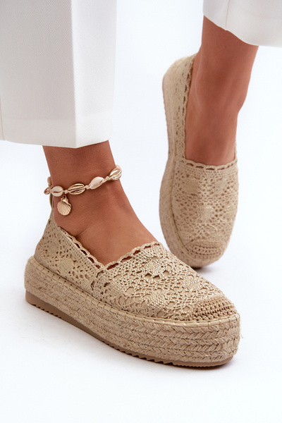 Espadryle Damskie Koronkowe Na Platformie Złote Elarose