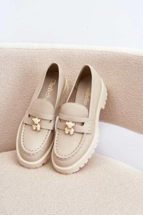 Skórzane Półbuty Mokasyny Z Misiem CheBello 4291 Jasnobeżowe