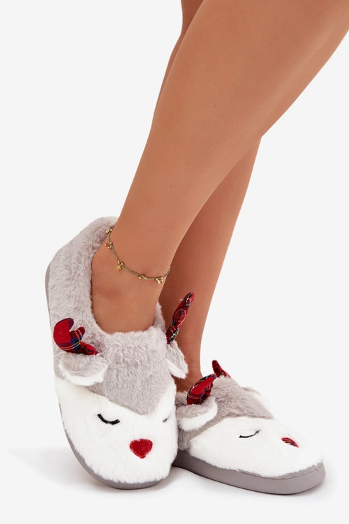 Kapcie Świąteczne Damskie Z Motywem Renifera Futrzane Szare Orsella