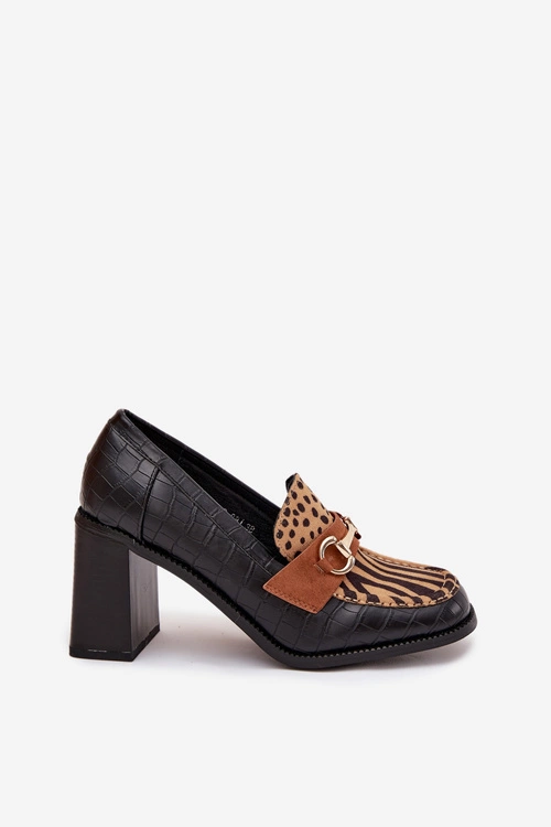 Półbuty Damskie Na Słupku Z Tłoczeniem I Złotym Detalem Czarno-Beżowe Novella