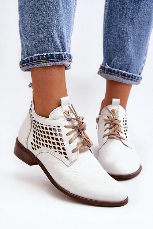 Zazoo 2878 Niskie Ażurowe Botki Skórzane Damskie Białe