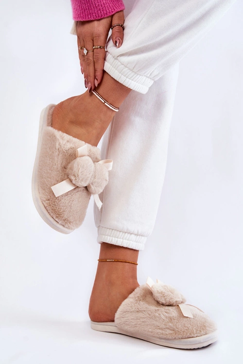 Damskie Futrzane Papcie Z Pomponami Beżowe Castello