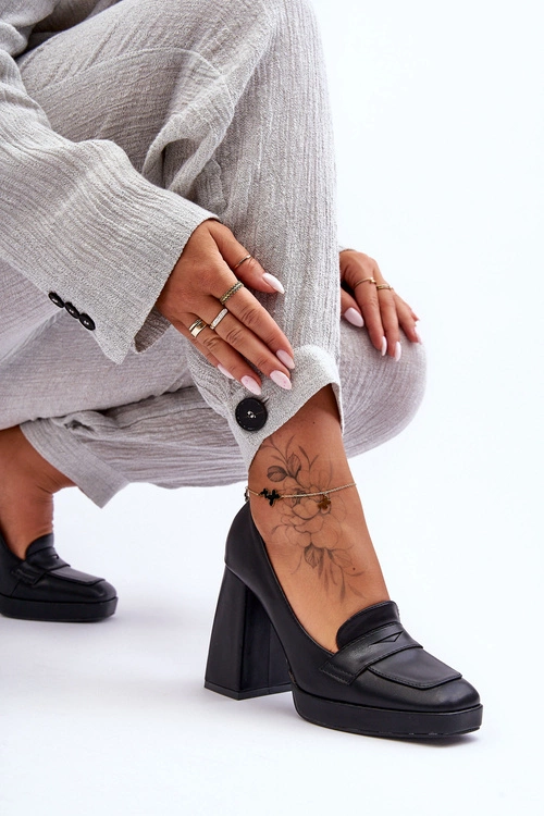 Czółenka Skórzane Na Wysokim Obcasie Czarne Alisa