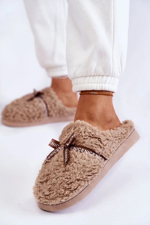 Damskie Futrzane Papcie Z Kokardką Beżowe Ryana