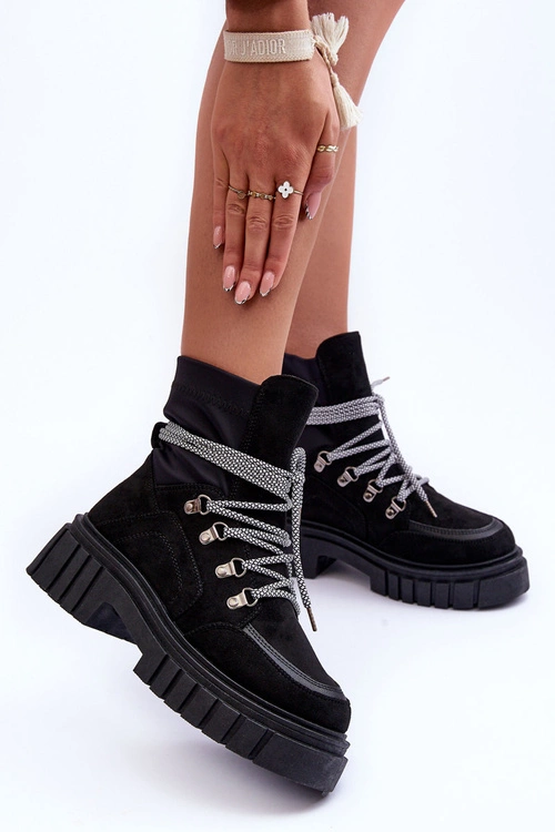 Damskie Zamszowe Botki Sznurowane Czarne Acorn