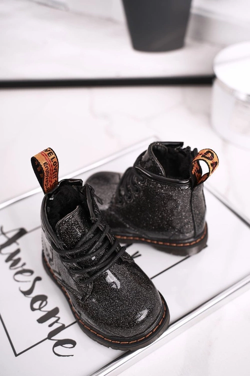 Dziecięce Botki Ocieplane z Suwakiem Lakierowane Brokat Czarne Mistor