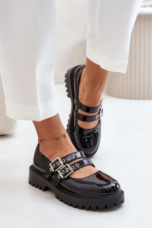 Półbuty Damskie Z Paskami Lakierowane Czarne Terione