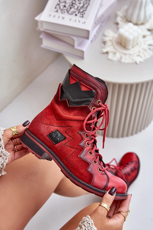 Skórzane Ocieplane Botki Damskie Na Płaskim Obcasie Maciejka 06106-08 Czerwone