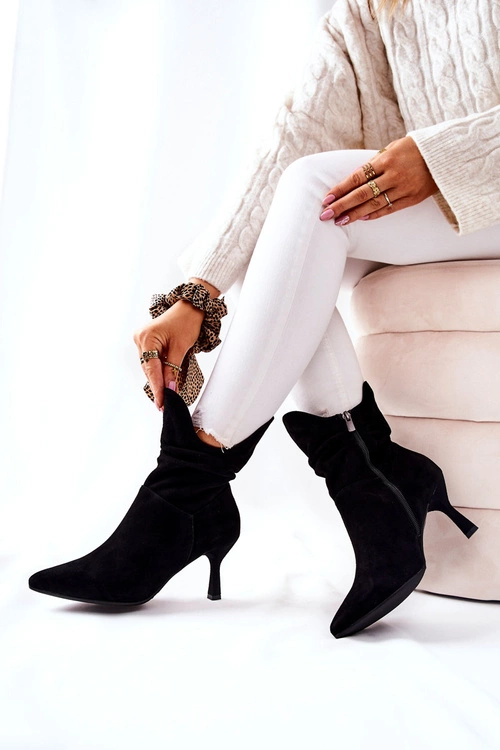 Botki Skórzane Na Obcasie Laura Messi 2427 Czarne