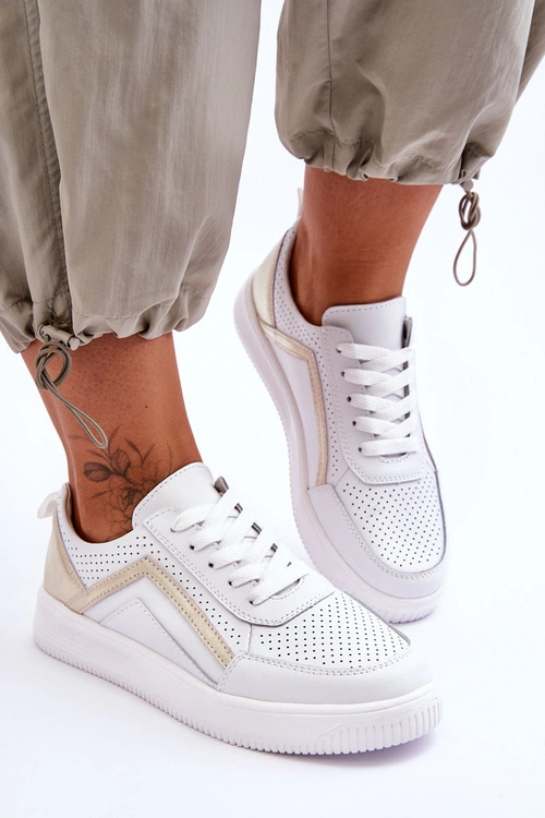 Damskie Skórzane Buty Sportowe Z Perforacją Biało-Złote Carvalo