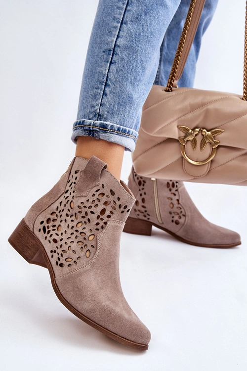 Damskie Ażurowe Botki Lewski Shoes 2909 Jasnobrązowe