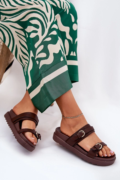 Klapki Damskie Na Platformie Ze Złotymi Klamrami Brązowe Wernone