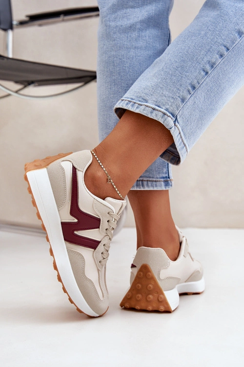 Buty Sportowe Sneakersy Damskie Beżowo-Bordowe Britma
