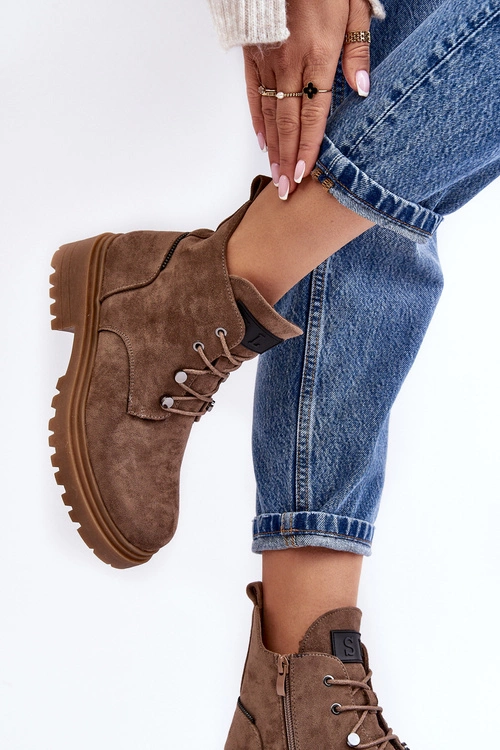 Niskie Botki Damskie Ocieplane Na Suwak Ciemnobeżowe Cameronia