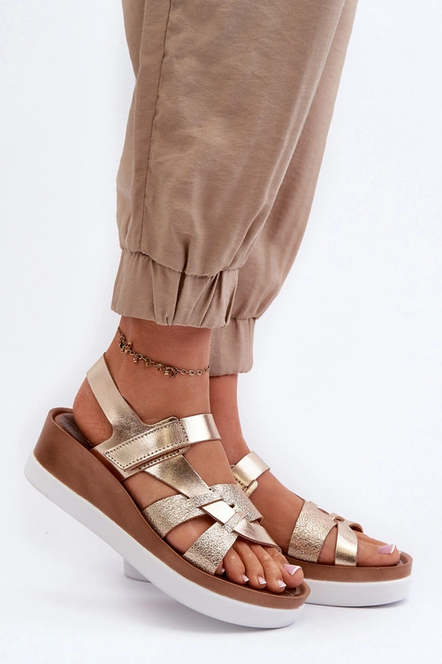 Zazoo 40397 Damskie Skórzane Sandały Na Platformie Złote