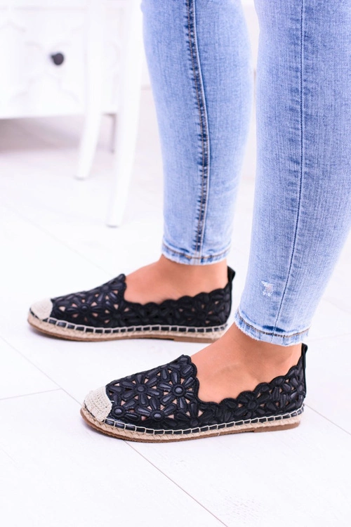 Lu Boo Damskie Baleriny Czarne Espadryle w Kwiaty Macarena