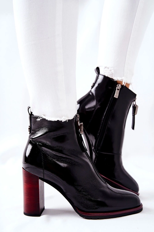Damskie Botki Czarne Lakierowane na Słupku Cofton