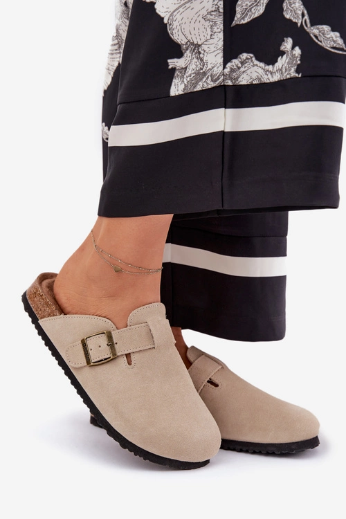 Zamszowe Klapki Chodaki Damskie Z Klamrą Big Star RR274A385 Beżowe