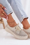 Zamszowe Ażurowe Półbuty Damskie Na Platformie Artiker 56C2108 Beżowo-Złote