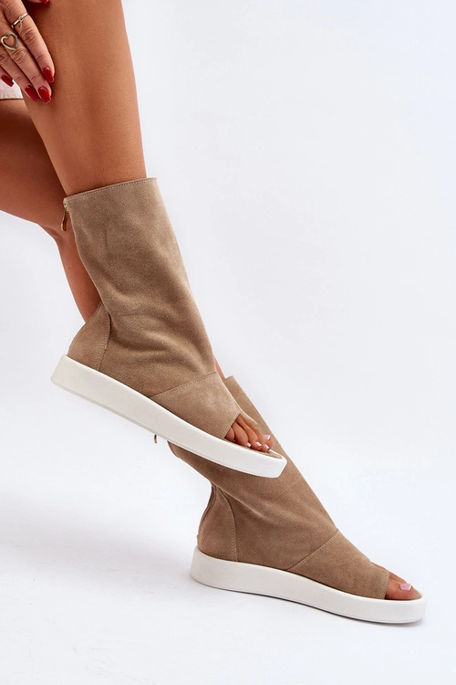 Zazoo 3441 Sandały Damskie Zamszowe Z Cholewka Ciemnobeżowe