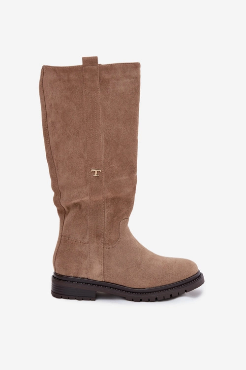 Kozaki Damskie Ocieplane Na płaskim Obcasie Eko Zamszowe Ciemnobeżowe Delyssa