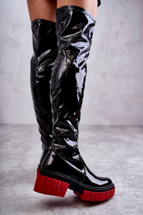 Lakierowane Damskie Kozaki Za Kolano Czarne Callen