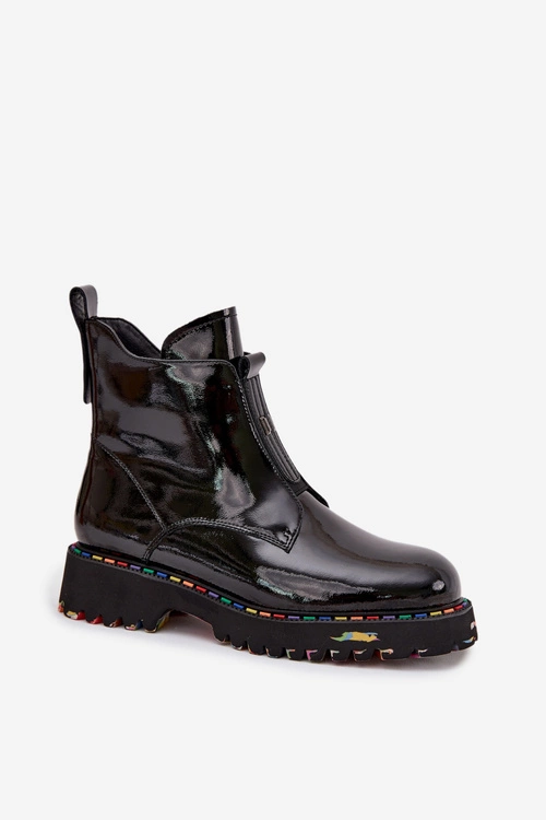 Lakierowane Botki Damskie Z Naturalnej Skóry Ocieplane Artiker 57C0166 Czarne