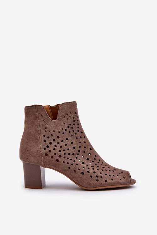 Ażurowe Botki Damskie Eko Zamszowe Na Słupku Z Odkrytymi Palcami Brązowe Halania