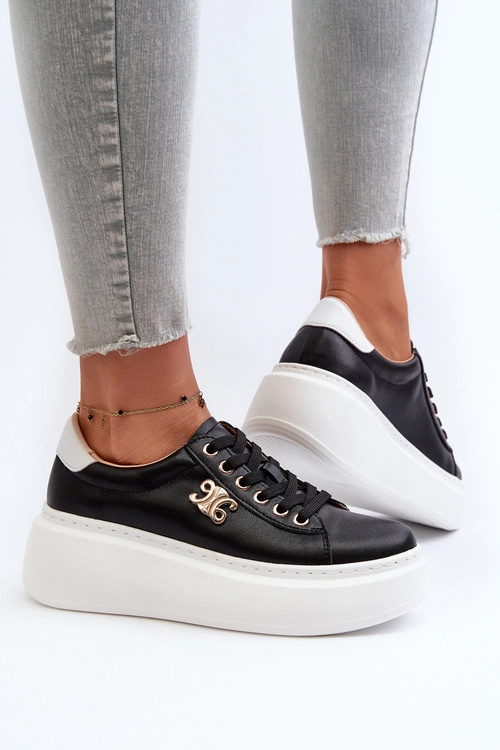 Skórzane Sneakersy Damskie Na Platformie Czarne Pernalia