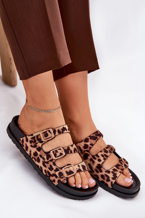 Klapki Damskie Z Paskami I Klamrami W Panterkę Brązowe Uliri