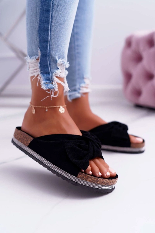 Damskie Klapki Na Korku Kokarda Cyrkonie Czarne Astria