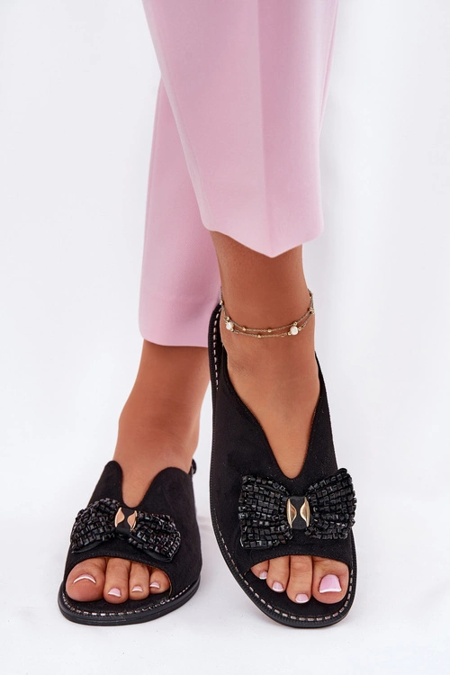 Sandały Damskie Z Kokardą Na Płaskim Obcasie S.Barski KV51-014 Czarne