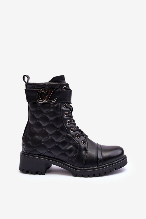 Skórzane Botki Workery Z Ozdobą Czarne Davo