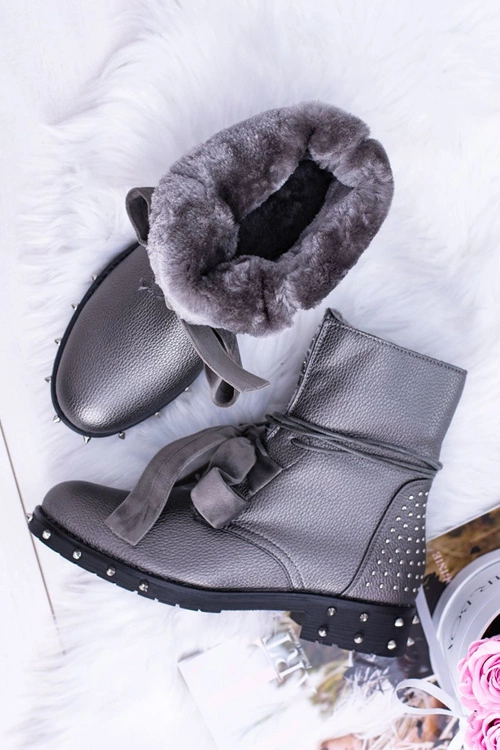 Damskie Botki Ocieplane Z Kolcami i Dżetami Srebrne Neso