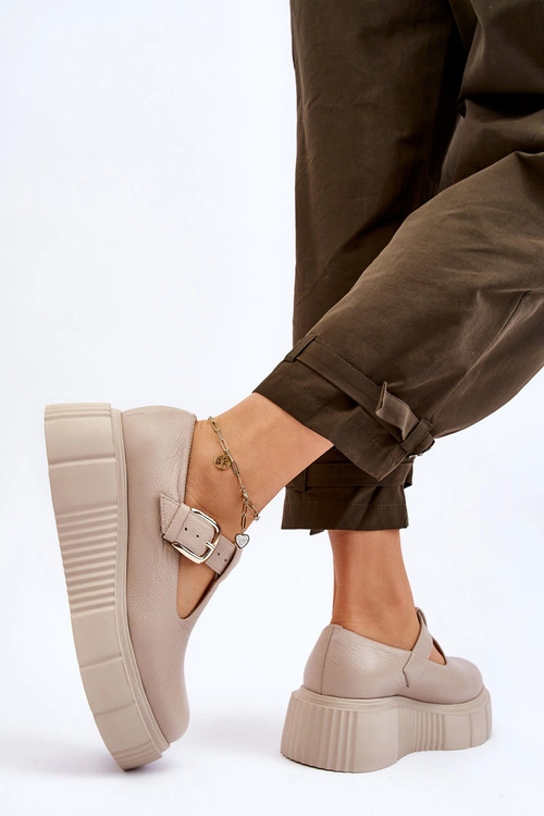 Zazoo 20102 Modne Skórzane Półbuty Na Masywnej Platformie Beżowe
