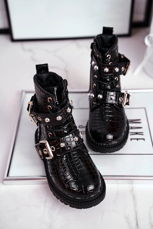 Dziecięce Botki Ocieplone Futerkiem Lakierowane Czarne Mary