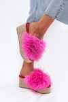Klapki Damskie Na Koturnie Z Futerkiem I Plecionką Fuksja Virela