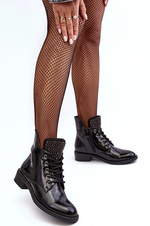 Zdobione Lakierowane Niskie Botki Damskie Czarne Hattia