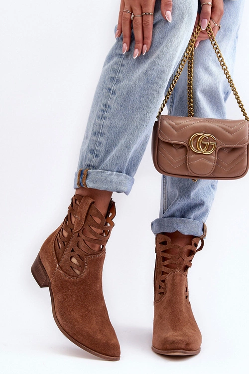 Ażurowe Damskie Skórzane Botki Brązowe Lewski 3329