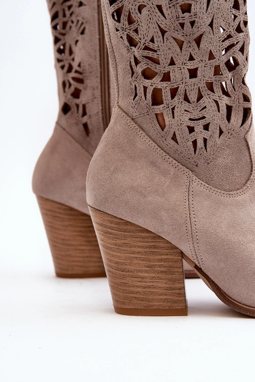 Zazoo 3414 Damskie Ażurowe Botki Na Słupku Zamszowe Cappucino