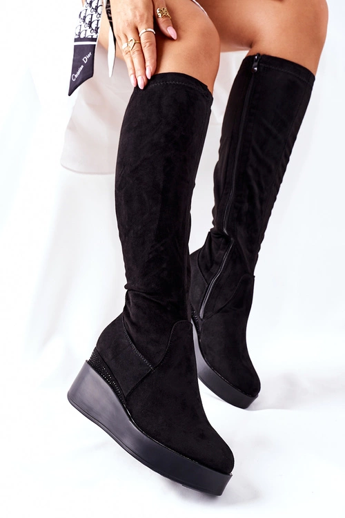 Zamszowe Kozaki Na Koturnie S. Barski Czarne Celina