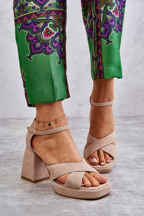 Damskie Zamszowe Sandały Na Obcasie Lewski Shoes 3221 Beżowe