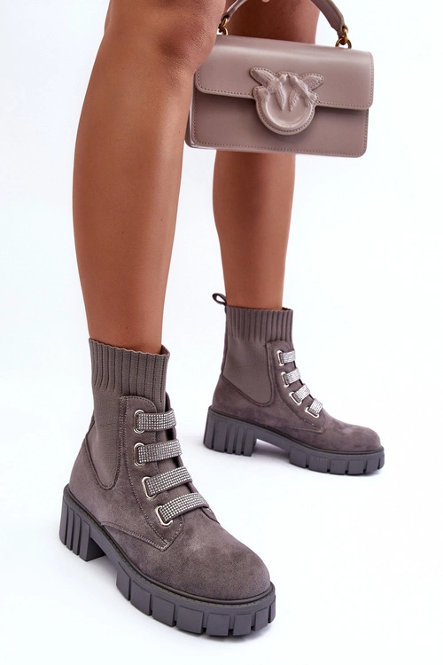 Zamszowe Wsuwane Botki Skarpetkowe Szare Hope