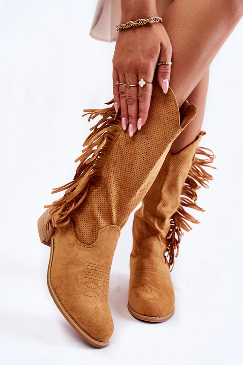 Damskie Kozaki Kowbojki Zamszowe Z Frędzlami Camel Haddy