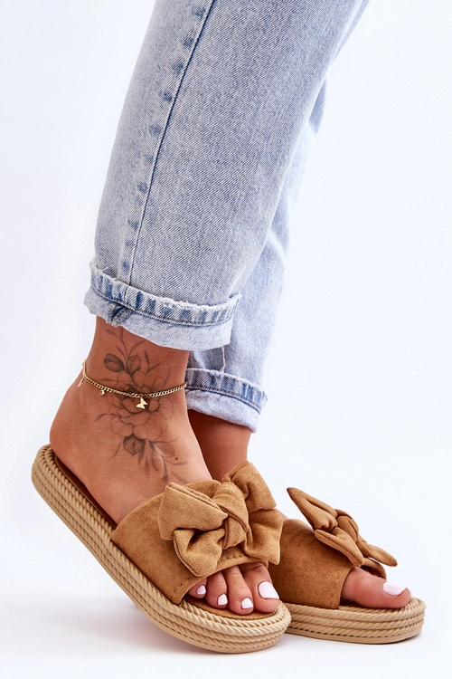 Damskie Zamszowe Klapki Z Kokardą Camel Fency