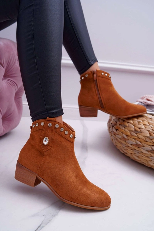 Botki Damskie Płaski Obcas Kowbojki Z Cyrkoniami Camel Patti