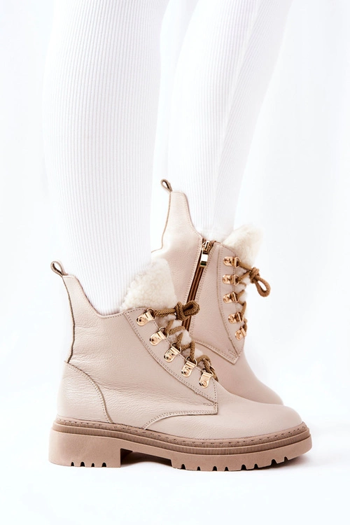 Skórzane Ocieplane Botki Beżowe Khaleni