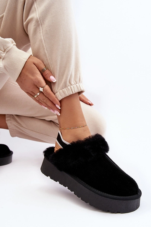 Skórzane Zamszowe Kapcie Damskie Na Platformie Z Futerkiem Czarne Sophienne