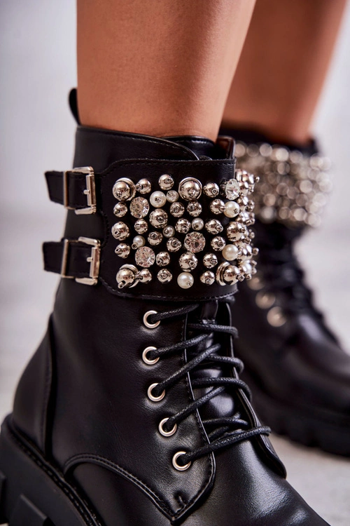 Damskie Botki Z Ozdobami Wiązane Czarne Leonese