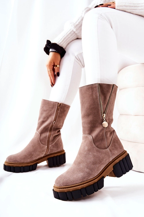 Skórzane Ocieplane Botki Kozaki Cappucino Souffle